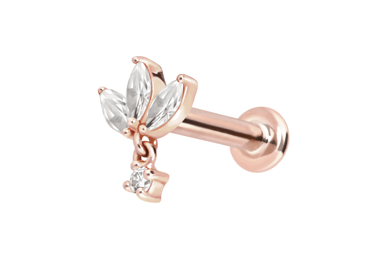 14 Karat Gold Labret Piercing mit Innengewinde MOISSANIT-BLUME + MOISSANIT